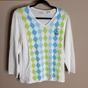 2009 US Open White Argyle V-Neck Sweater with Blue and Green Accents